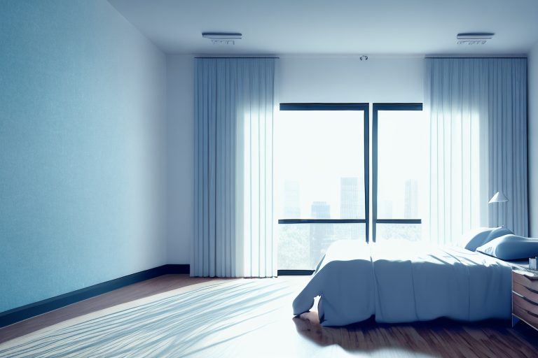 A bedroom with a window and blackout curtains