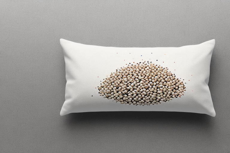 A buckwheat pillow with a few grains of buckwheat spilling out