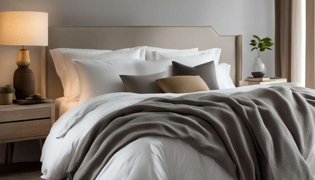 Cotton sheets stacked on a bed with pillows