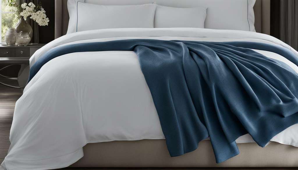 Egyptian cotton sheets in a bed with a blue blanket.