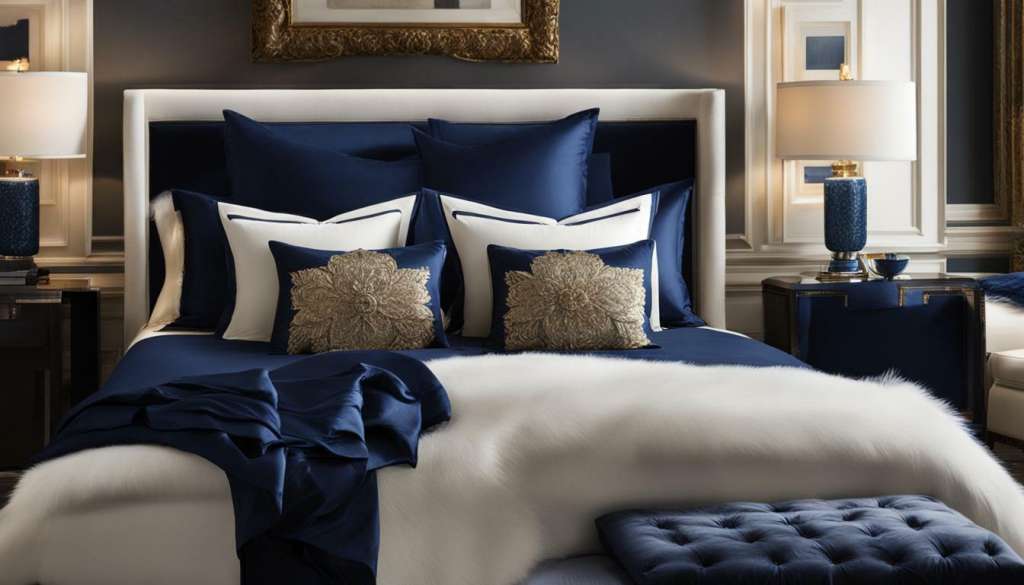 bedroom with navy blue silk sheets